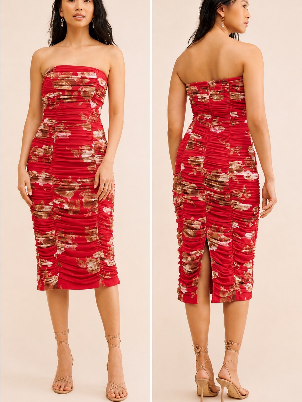 BHLDN Anthropologie Ruched Floral Strapless Midi Dress Pink XS NWT